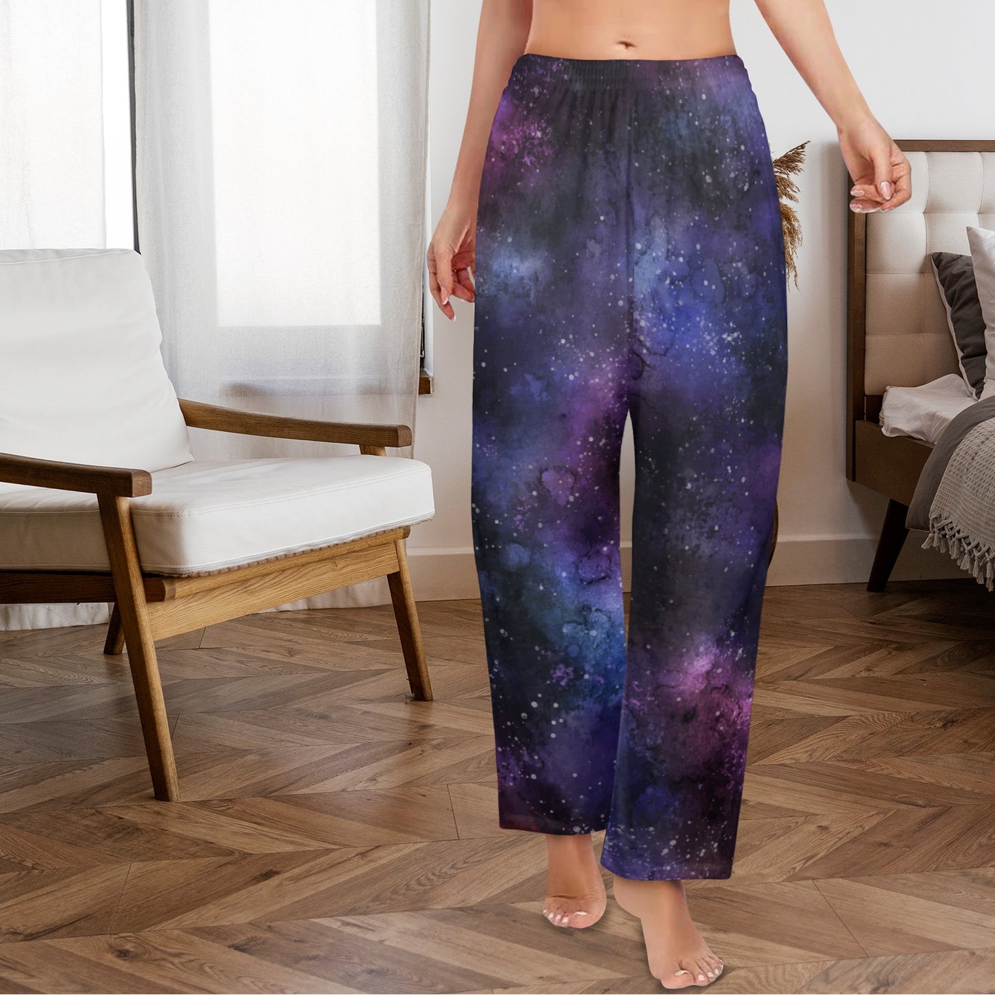 Space Galaxy Women Pajamas Pants, Universe Purple Cosmos Satin PJ Funny Pockets Trousers Couples Matching Ladies Trousers Bottoms