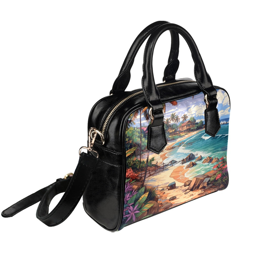 Beach Purse, Tropical Retro Pattern Cute Small Shoulder Zip Bag Vegan Leather Women Designer Handbag Crossbody Ladies