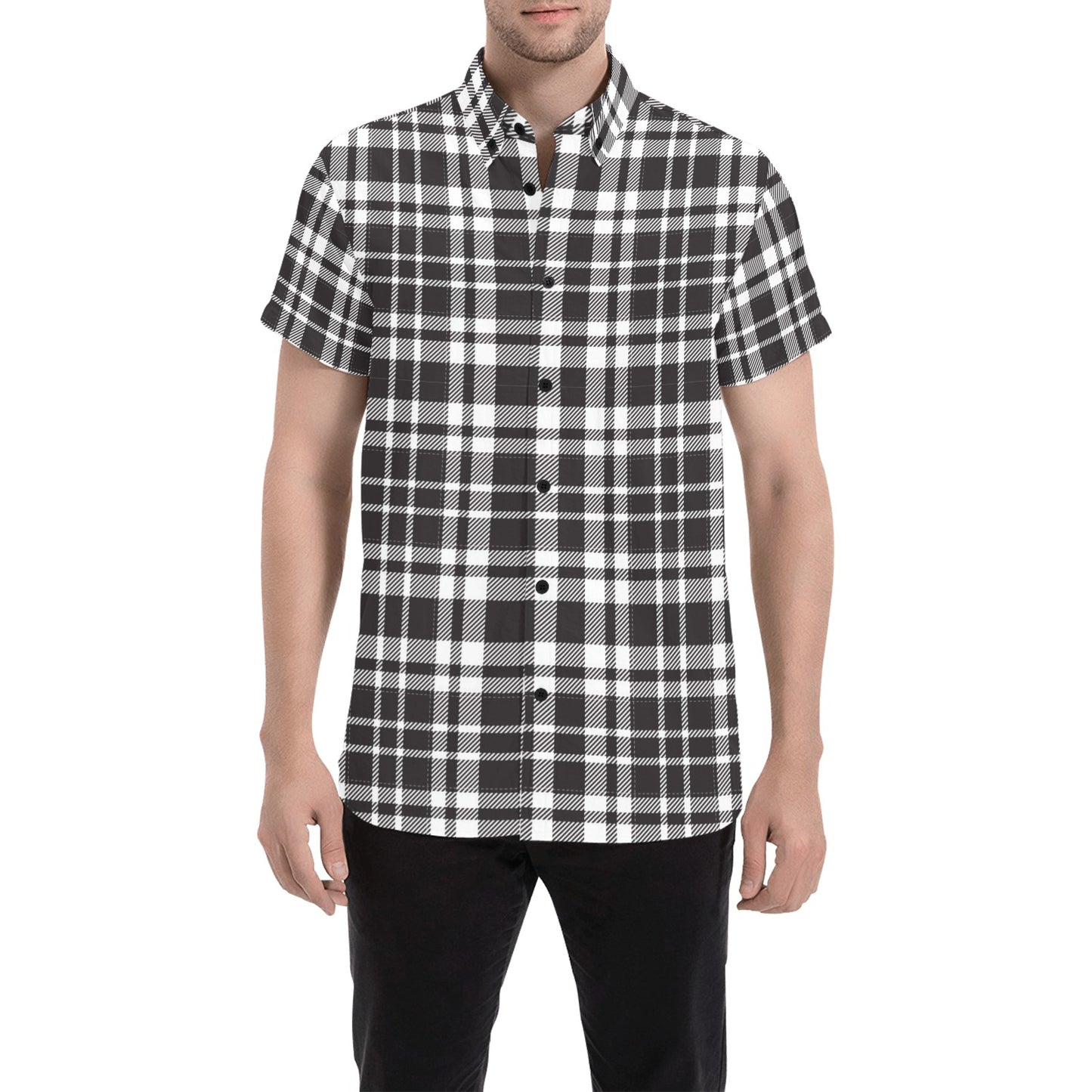 Plaid Short Sleeve Men Button Up Shirt, Black White Checkered Check Print Casual Buttoned Down Summer Dress Shirt Gift Husband