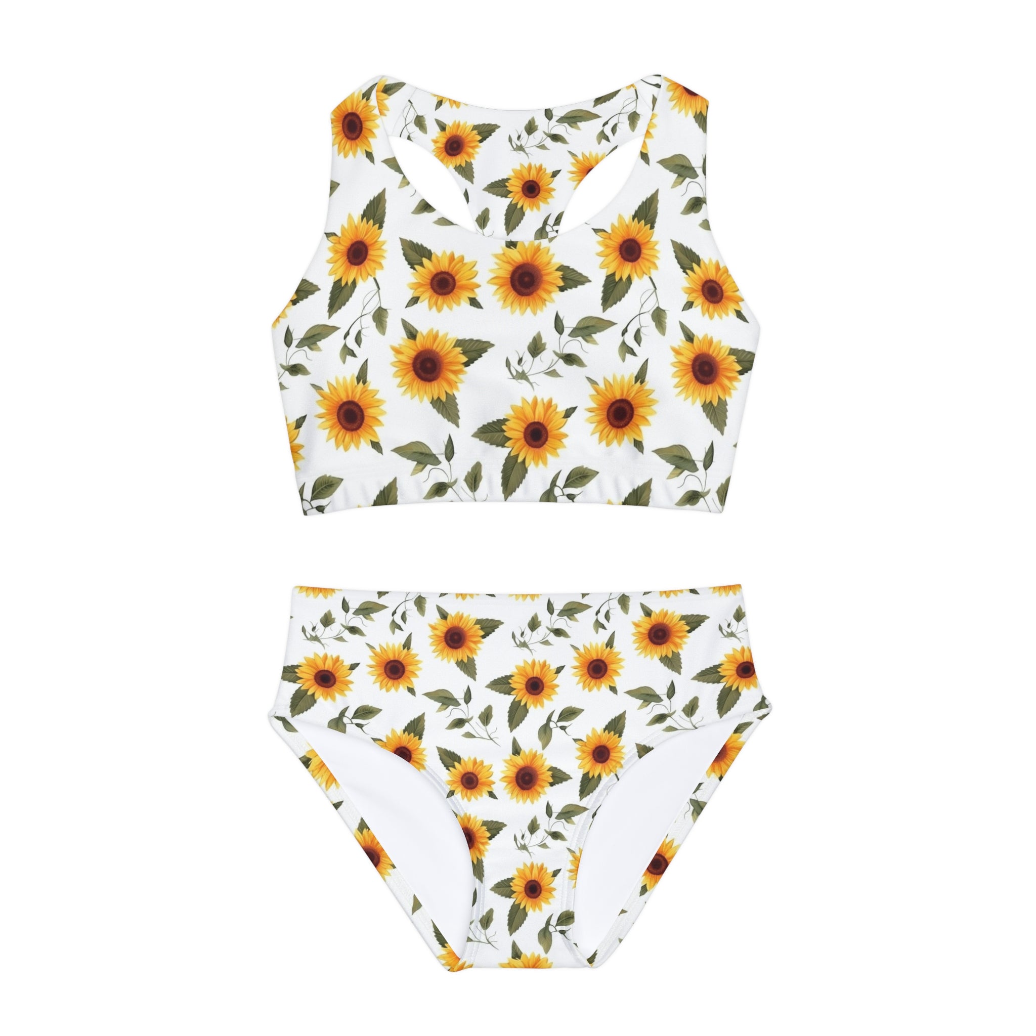 Sunflowers Girls Bikini Set, White Floral Kids Teen Tween Summer Two P ...