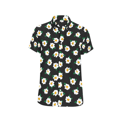 White Flowers Short Sleeve Men Button Up Shirt, Floral Black Print Casual Buttoned Down Summer Dress Guys Male Collared Shirt