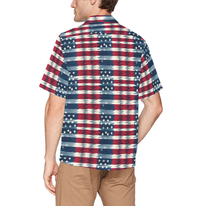 American Flag Hawaiian shirt Chest Pocket, Fourth 4th of July USA Patriotic Plaid Red White Blue Hawaii Aloha Plus Size Button Down Shirt