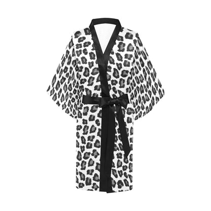 Snow Leopard Print Kimono Robe, Animal Black White Women's Lounge Peignoir Sleepwear Sexy Short Long Bathrobe Pajamas