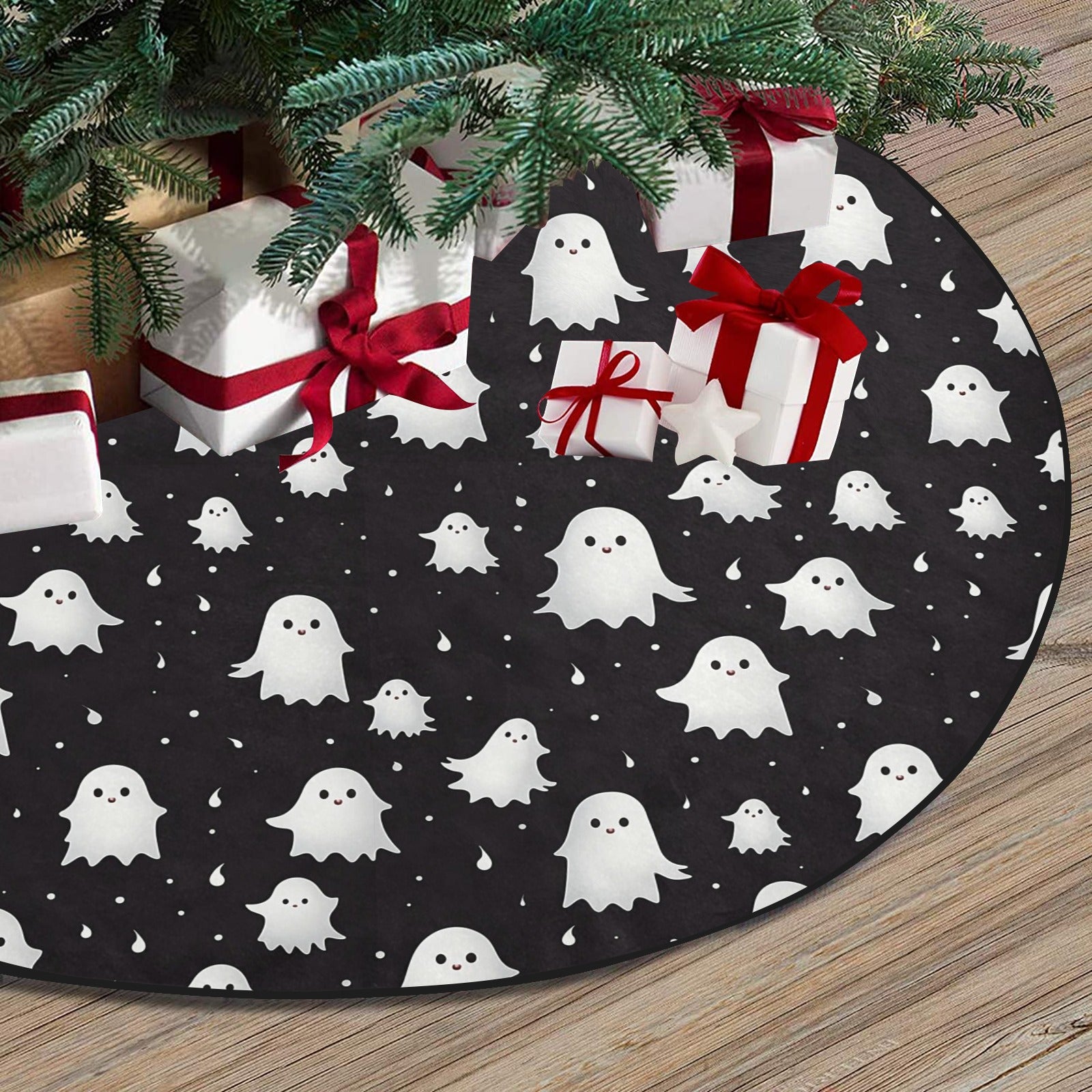 White Ghosts Halloween Christmas Tree Skirt, Black Dark Grey Small Large Spooky Stand Base Cover Goth Decor Decoration All Hallows Eve Party Starcove Fashion