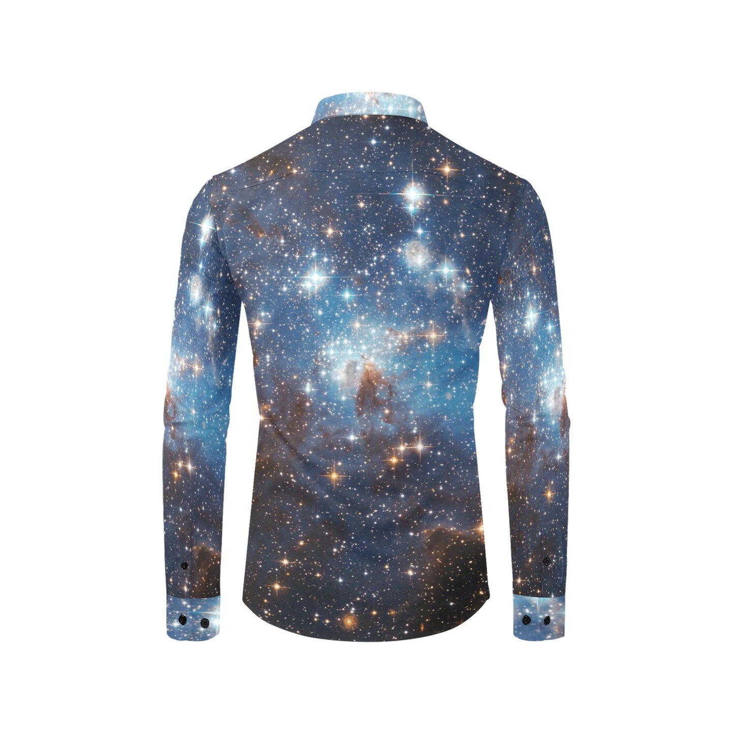 Starcove Galaxy Long Sleeve Men Button Up Shirt, Space Nebula Geeky Stars Print Dress Buttoned Collared Casual Dress Shirt with Chest Pocket L