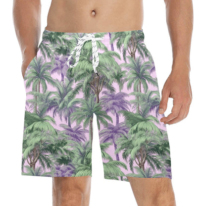 Palm Tree Men Swim Trunks, Lilac Lavender Purple Beach Mid Length Shorts Back Pockets Mesh Liner Drawstring Boys Casual Bathing Suit Summer