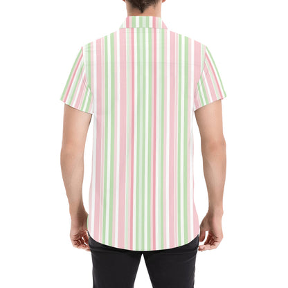 Pink Green Striped Short Sleeve Men Button Down Shirt, Vertical Stripes Vintage Retro Print Casual Buttoned Summer Dress Collared Shirt