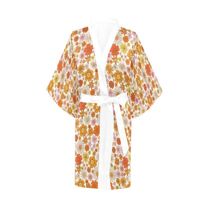 Floral Kimono Robe, Groovy Retro Flowers Print 70s Peignoir Sexy Women's Short Vintage Lounge Sleepwear Long Sleeve Bathrobe