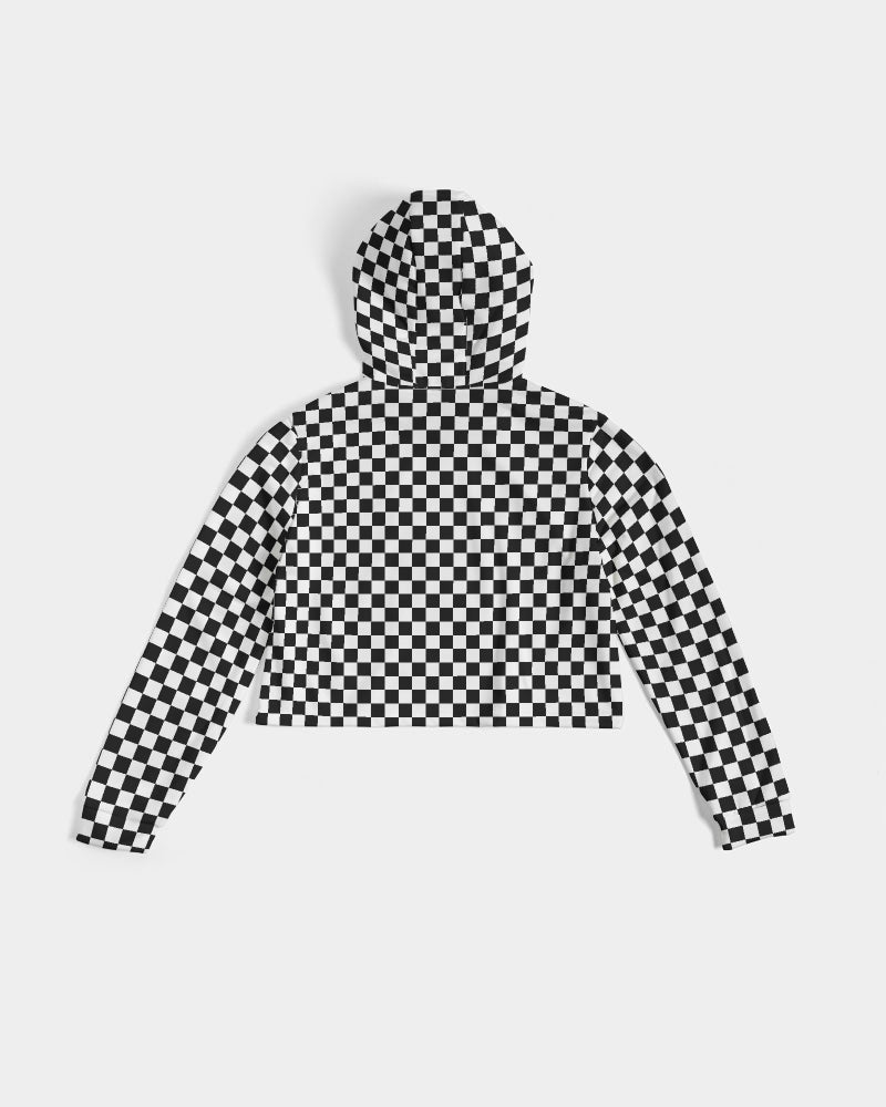 Black White Checkered Women Cropped Hoodie, Racing Check Ladies Aesthetic Graphic Hooded Pullover Sweatshirt Crop Jumper Top