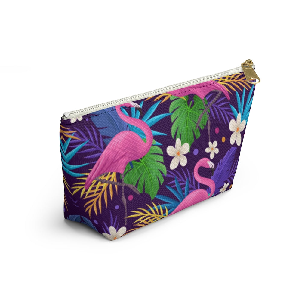 Flamingo Tropical Pouch Bag, Pink Purple Canvas Travel Wash Makeup Toiletry Bath Organizer Cosmetic Gift Accessory Large Small Zipper Starcove Fashion