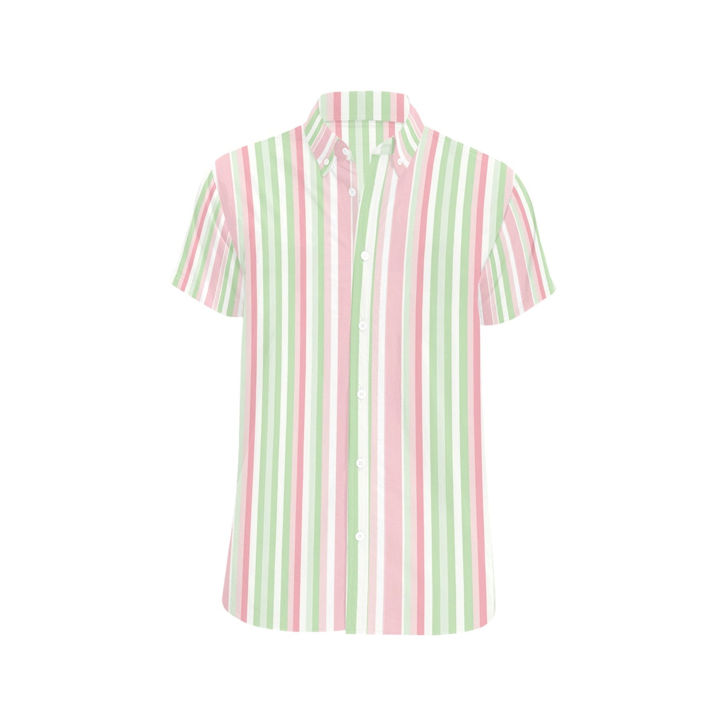 Pink Green Striped Short Sleeve Men Button Down Shirt, Vertical Stripes Vintage Retro Print Casual Buttoned Summer Dress Collared Shirt