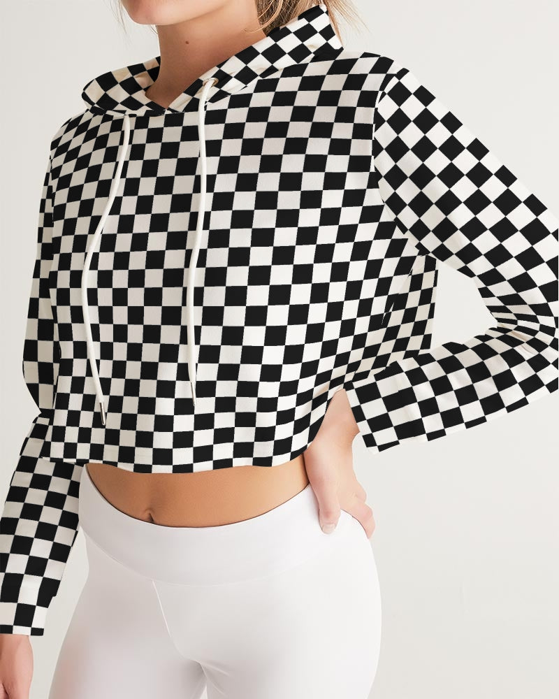 Black White Checkered Women Cropped Hoodie, Racing Check Ladies Aesthetic Graphic Hooded Pullover Sweatshirt Crop Jumper Top