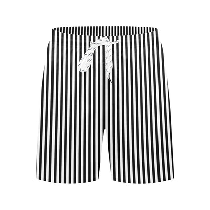 Black White Striped Men Swim Trunks, Mid Length Shorts Beach Pockets Mesh Lining Drawstring Male Casual Bathing Suit Plus Size Swimwear