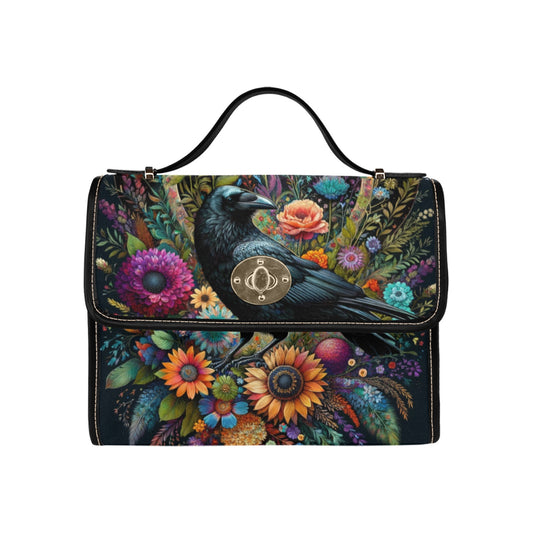 Black Crow Satchel Purse bag, Floral Wildflowers Cottagecore Boho Small Witch Waterproof Cute Women Crossbody Vegan Leather Strap Handbag