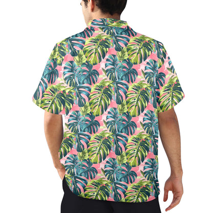 Pink Tropical Men Hawaiian shirt, Green Monstera Leaf Vintage Aloha Hawaii Retro Summer Tropical Beach Plus Size Pocket Guys Button Down