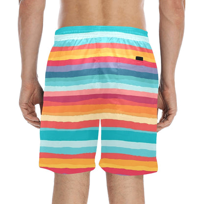 Colorful Striped Men Swim Trunks, Guys Red Mid Length Shorts Beach Pockets Mesh Lining Drawstring Casual Bathing Suit Plus Size Swimwear