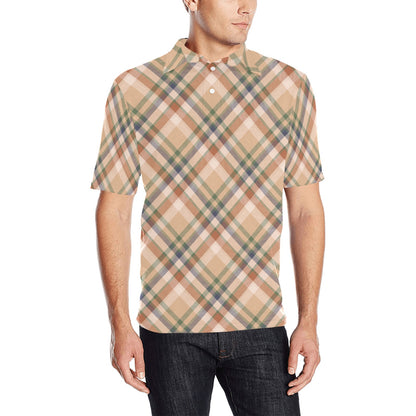 Plaid Men Polo Collared Shirt, Vintage Retro Beige Tartan Pattern Casual Summer Buttoned Down Up Shirt Short Sleeve Sports Golf Tee