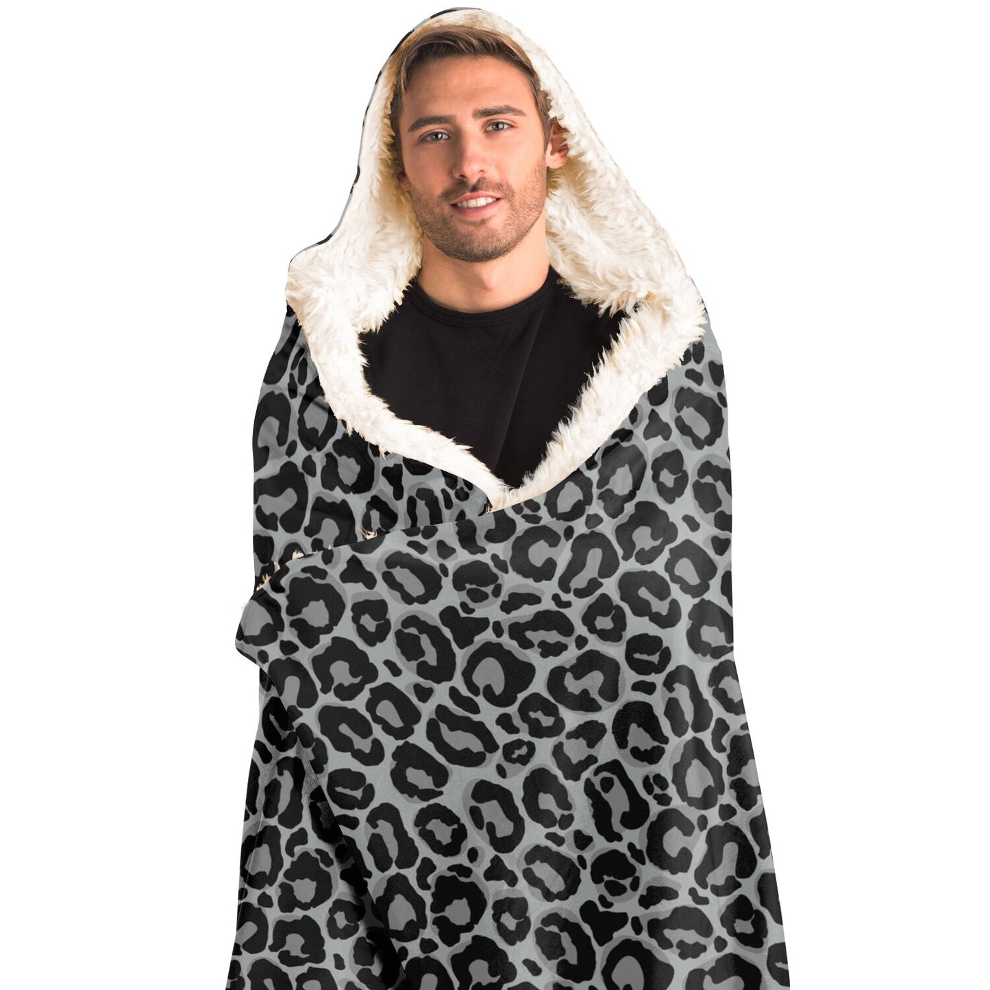 Grey Leopard Sherpa Hooded Blanket, Animal Print Gray Fleece Microfleece Adult Youth Men Woman Wearable Cloak Winter Gift Starcove Fashion