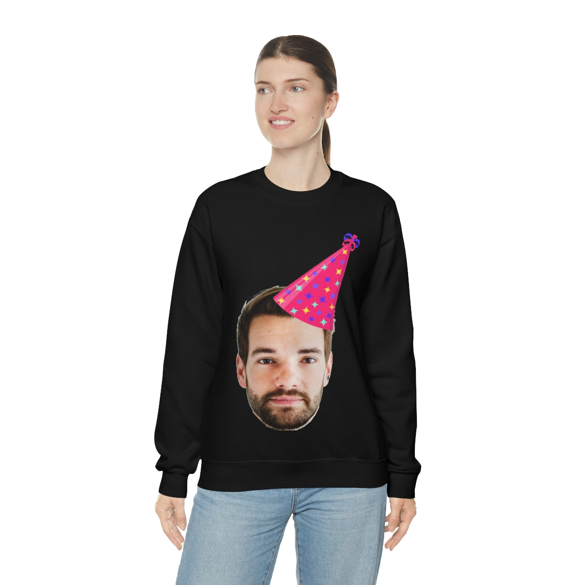 Custom Photo Sweatshirt, Face Birthday Party Hat Crewneck Fleece Sweater Jumper Pullover Men Women Adult Top Starcove Fashion