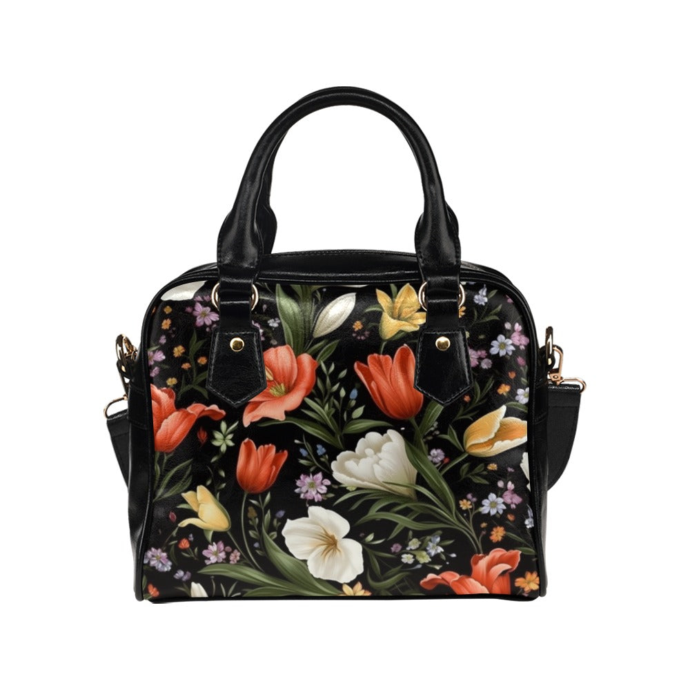 Floral Purse, Wild Flowers Yellow Red White Retro Pattern Cute Small Shoulder Zip Bag Vegan Leather Women Designer Handbag Crossbody Ladies