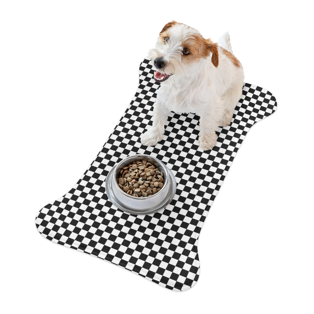 Checkered Dog Food Mat Black White Check Pet Water Bowl Dish Small Large Feeding Portable Bone Shape Placemat Dog Lover Gift