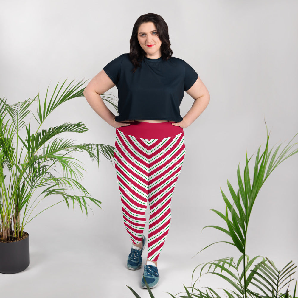 Red and White Striped Plus Size Women Leggings, Printed Christmas
