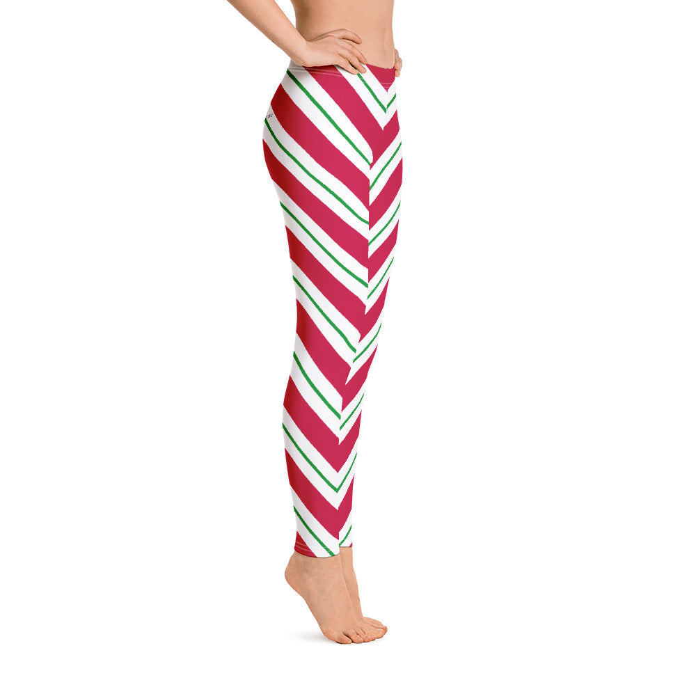 Red White Striped Leggings, Vertical Stripe Candy Cane Christmas