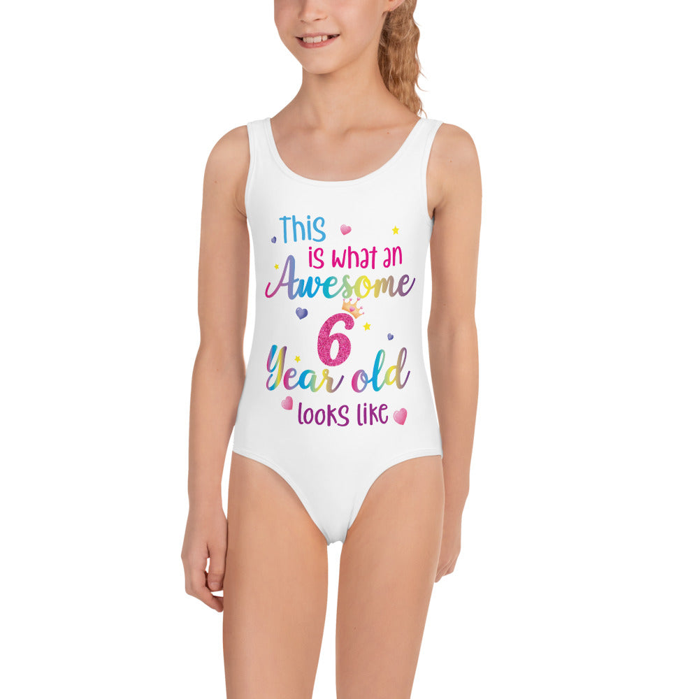 This is What an Awesome 6 Year Old Looks Like Girls Swimsuit, Birthday 6th  Sixth Year Fun Rainbow Party Gift Kids One Piece Bathing Suit Swimwear