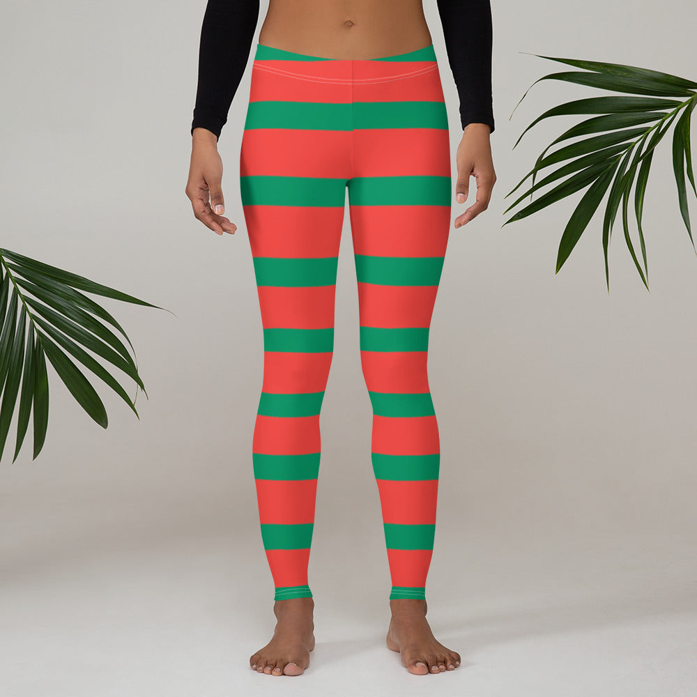 Plus Size Leggings, Elf Christmas Leggings for Women, Red Green Stripe