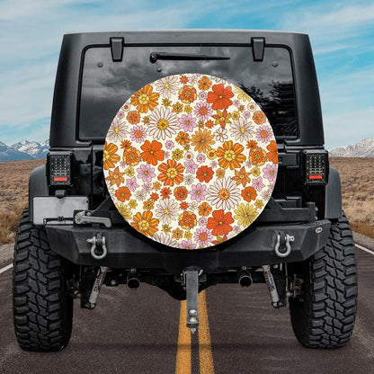 Groovy Floral Spare Tire Cover, Cute Orange 70s Flowers Backup Camera Hole Unique Back Extra Wheel Cars RV Men Women Girls Trailer Campers